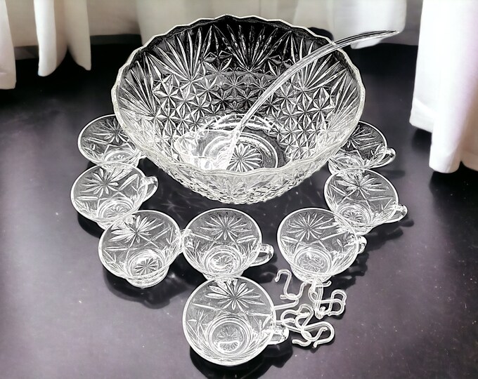 Anchor Hocking Arlington Design Punch Bowl Set 18 Piece Includes 1 1/2