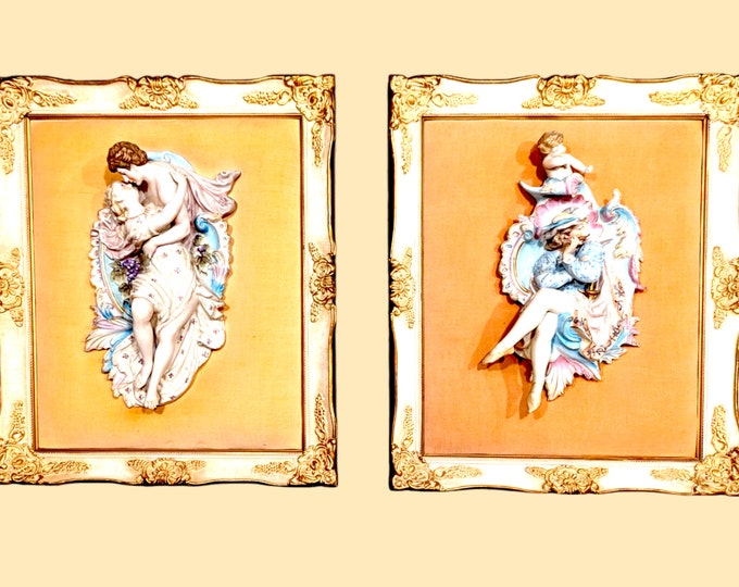 Pair of Framed Antique Victorian Revival Porcelain Bisque Couple and