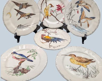 Gien Grands Oiseaux Set 6 Luncheon Plates 10.25" Hand Painted French Faience Wild Birds