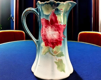 Antique Keller and Guerin Luneville "Les Roses" Porcelain Pitcher Hand Painted France C1920s