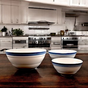 Vintage Set of Three Pfalzgraf Sky Mixing Bowls Dark and Light Blue Bands 10 and 8 and 6 Inches 1980s USA Pristine Condition