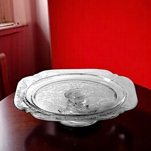 Vintage Press Glass Footed Cake Plate Recollection Clear by Indiana Glass 10 3/8 inch by 2 5/8 inch