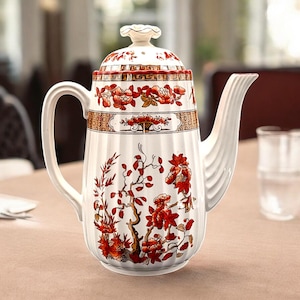 Vintage Coffee Pot & Lid Indian Tree Orange Rust Scalloped Red Trim England New Backstamp
