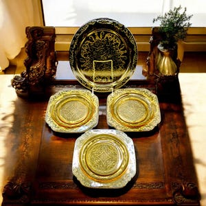 Vintage Federal Madrid Amber Depression Glass Collection: Three Striking 10 inch Square Dinner Plates and one 11.25-inch Round Platter