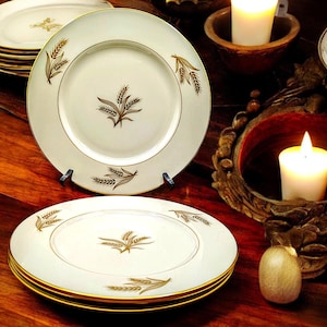 Set of 2 Lenox Harvest R-441 Dinner Plates 10.5 Inches Ivory with Gold Wheat Motifs 1940-1980 Pristine Condition