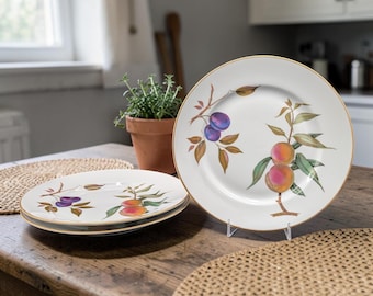 Royal Worcester Evesham Gold Dinner Plates Set of 3 | England Porcelain Fruit Pattern Plates | Gold Trim China
