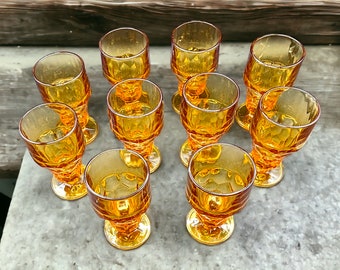 Vintage Set of 10 Anchor Hocking Amber Glass Footed Tumblers Iced Tea Water Pedestal Drinking Glass Honeycomb Pattern MCM Table Glassware