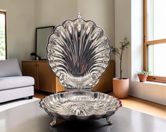 Vintage Silverplate Scallop Shell Covered Serving Dish Hinged Footed Server