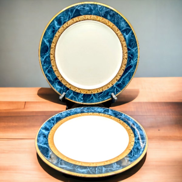 Pair of Noritake Mendelson 4726 Bone China Dinner Plates 10.75 Inches Pristine Condition Blue Rim with Gold Bands 1993 - 1999