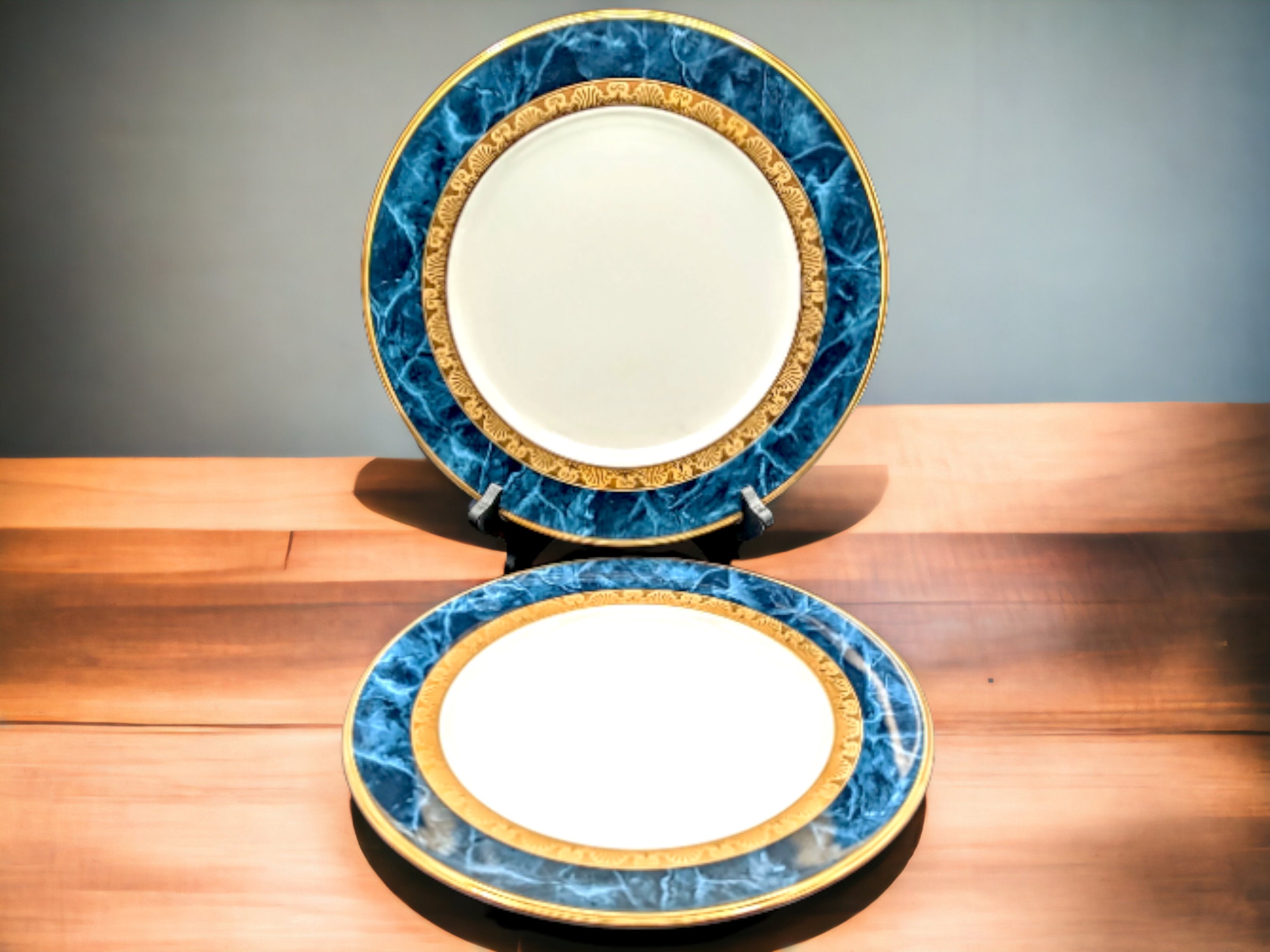 Pair of Noritake Mendelson 4726 Bone China Dinner Plates 10.75 Inches Pristine Condition Blue Rim With Gold Bands 1993 1999 Etsy