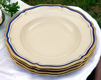 Set of 2 Rosenthal Bahnhof Selb Germany Chippendale 8 Inch Rimmed Soup Bowls With Cobalt Blue and Double Gold Trim