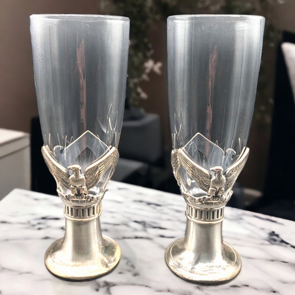 Pair Vintage Pewter Eagle Candle Holders with Hurricane Glass 13 Inches Tall with Hurricane Globes