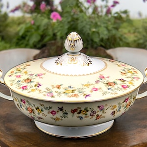 Vintage Serving Bowl with Lid Smilax 5004 Pattern by NORITAKE Multicolor Floral on Cream Rim 1949 - 1951 Japan