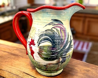 Jarra grande de cerámica "Le Rooster" de Susan Winget, certificada internacionalmente, de 11 pulgadas.