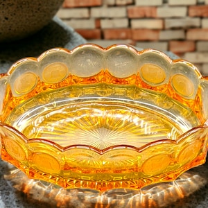 Vintage Fostoria Collectible Amber Coin Dot Oval Console Bowl 8 3/4 Inches Wide Imprints of Liberty Bell and George Washington