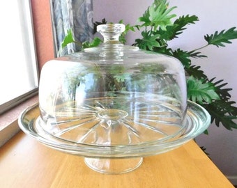 Vintage Indiana Clear Glass Elegance Footed Starburst Pedestal Cake Stand with Heavy Glass Dome