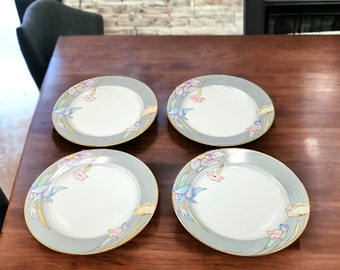 Vintage Mikasa Charisma Salad Plates, Set of 4, Floral Gray Rim 7.5"