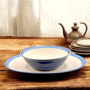 Vintage Pfaltzgraff SKY Serving Platter 14 Inches and Vegetable Bowl 8 Inches Blue Bands Stoneware USA 1980s