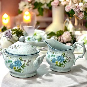 Mikasa Precious Blue Michelle D2501 Sugar Bowl with Lid and Creamer Circa 1980s