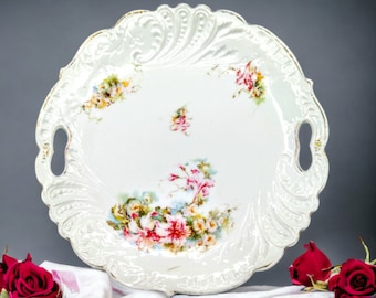 Vintage Collectable Floral Cake Plate- Handles and Embossed Rim 9 Inches Across