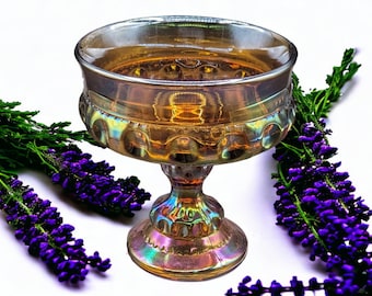 Vintage Indiana Glass Kings Crown Iridescent Gold Pedestal Compote Candy Dish