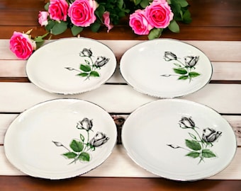 Platos para ensalada bávaros Stonegate: rosa medianoche, ribete platino, juego de 4