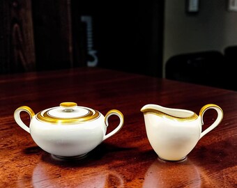 Vintage H&C Selb Heinrich Porcelain Sugar Bowl and Creamer, Gold Greek Key, Bavaria Germany