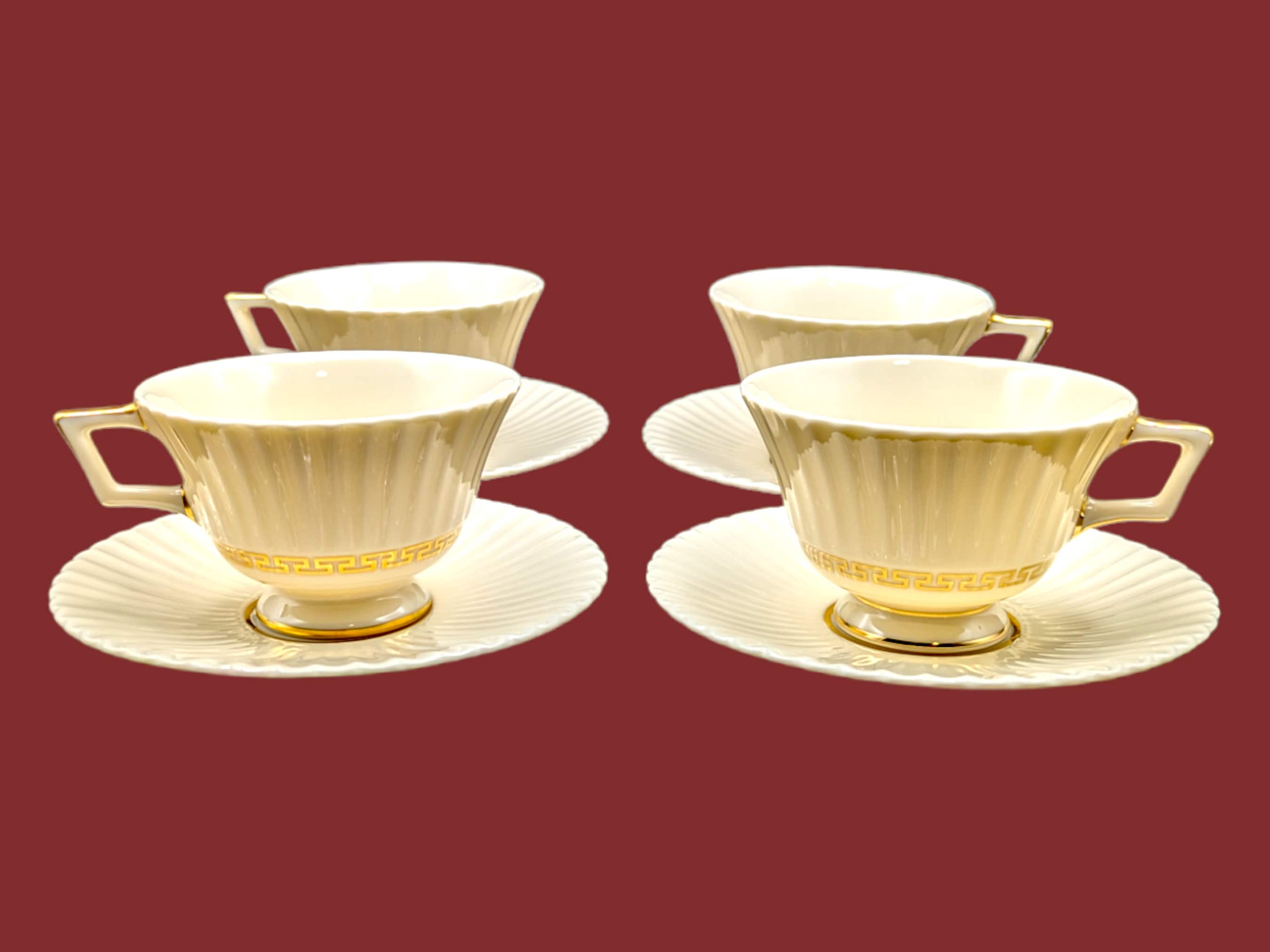 Vintage Lenox Cretan Cups and Saucers Set: Ivory Porcelain, Gold