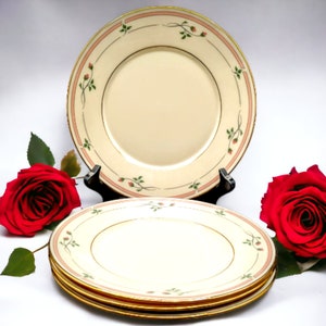Vintage Set 4 Lenox Rose Manor Salad Plates 8 Inches Metropolitan Collection 1990s Pink Rose Buds Gold Edge