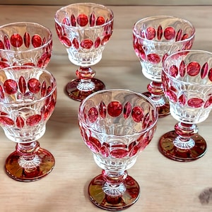 Vintage Set of 6 Indiana Glass Kings Crown Cranberry Thumbprint Stemmed Sherbet Cups 4 1/2 Inches Tall 3 1/2 Inches Diameter MCM