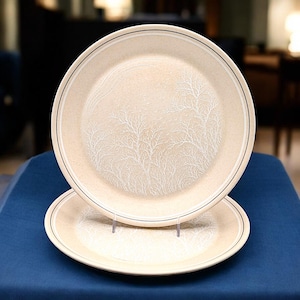 May include: Two beige ceramic plates with a white tree branch design. Each plate has a black and white border. The plates are displayed on a blue surface.