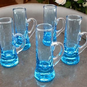 Vintage Ombre Blue Shot Glasses with Handles, Set of 5, 1970s Grappa Glasses
