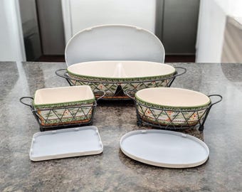 Temptations Old World Bakers Set of 3, Hand-Painted Stoneware Cream Green