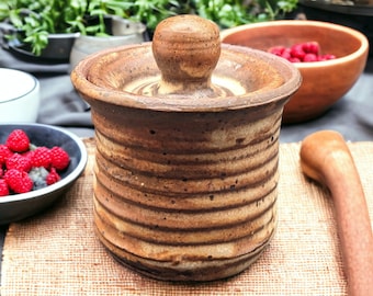 Hand - Thrown Lidded Jar Glazed in Shades of Brown. Great for Sugar, Salt, Pepper, Herbs, Butter, and More