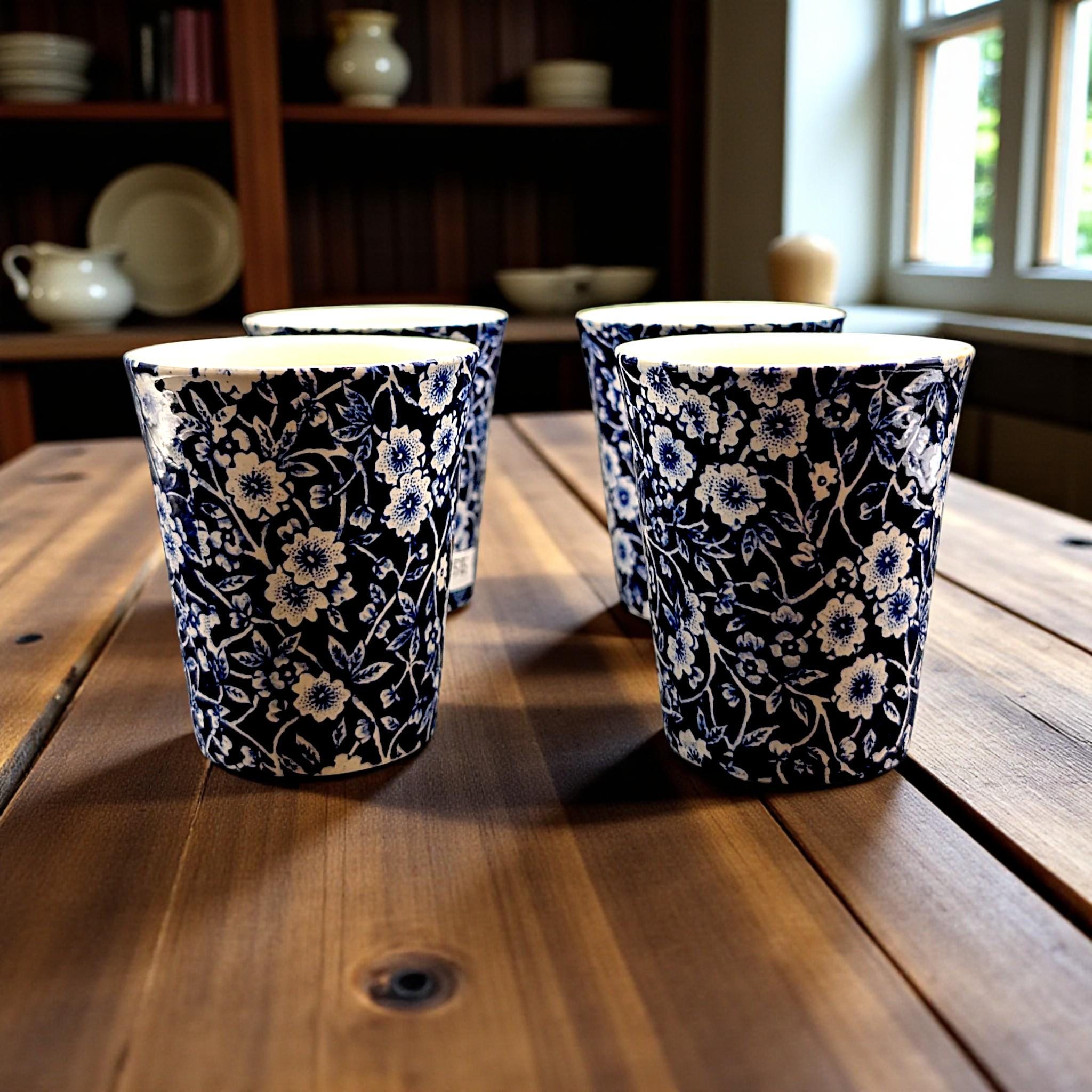 Vintage Burleigh Calico Blue 8 Ounce Tumblers - Staffordshire