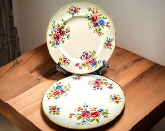 Set of 2 Vintage Lenox Aurora L-347 Salad Plates 8 Inches Discontinued. Actual: 1936 - 1966 Multicolor Florals, Gold Trim Pristine