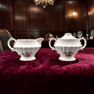 Spode Copeland Creamer and Sugar Bowl Billingsley Pattern, Jeweled, Pink Roses Circa 1960