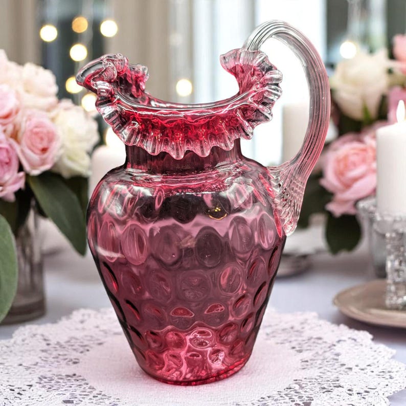 Large Vintage Fenton Cranberry Opalescent Pitcher: Coin Dot Art Glass ...