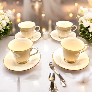 May include: Four cream-colored teacups and saucers with gold trim are arranged on a white surface. Silver forks and a knife are placed near the cups. White flowers and soft lighting create an elegant setting.