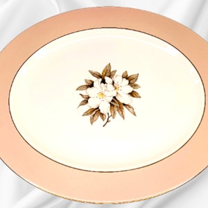Sevron Fair Lady Oval Serving Platter: Rose Pink Border, Magnolia Floral, Gold Trim