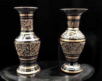 Juego de jarrones vintage de latón negro grabado, hechos a mano, de 18 cm de altura, estilo boho, decoración de latón boho, estilo mediados de siglo.