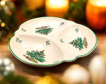 Bandeja de condimentos de 3 piezas para árbol de Navidad Spode: borde verde de 9 5/8" Inglaterra Nuevo sello posterior Inglaterra