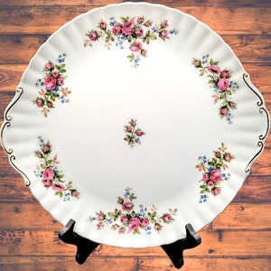 Vintage Royal Albert Moss Rose Bone China England Backstamp Cake Plate 12.25 Inches with Handles