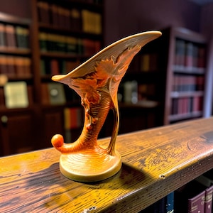 May include: A cornucopia-shaped ceramic vase with a glossy, iridescent orange and brown finish. The vase features a flared, asymmetrical opening and is decorated with raised, molded leaf and vine patterns along its curved, horn-like body.