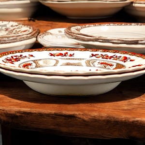 May include: A stack of antique white ceramic plates with a detailed floral and geometric pattern in shades of red, brown, and gold. The plates are arranged on a wooden surface, showcasing their intricate designs.