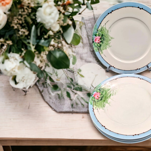 Set of 4 Rare Antique Zeh Scherzer Dinner Plates from Bavaria Germany 1908-1940 Blue Rim with Hand Painted Pink Roses