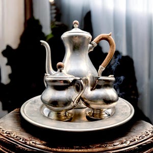 Vintage 5 Pieces Royal Holland Pewter Coffee Service with Coffee Pot, Creamer, Sugar Bowl with Lid and Serving Tray C1960s Wood Handle