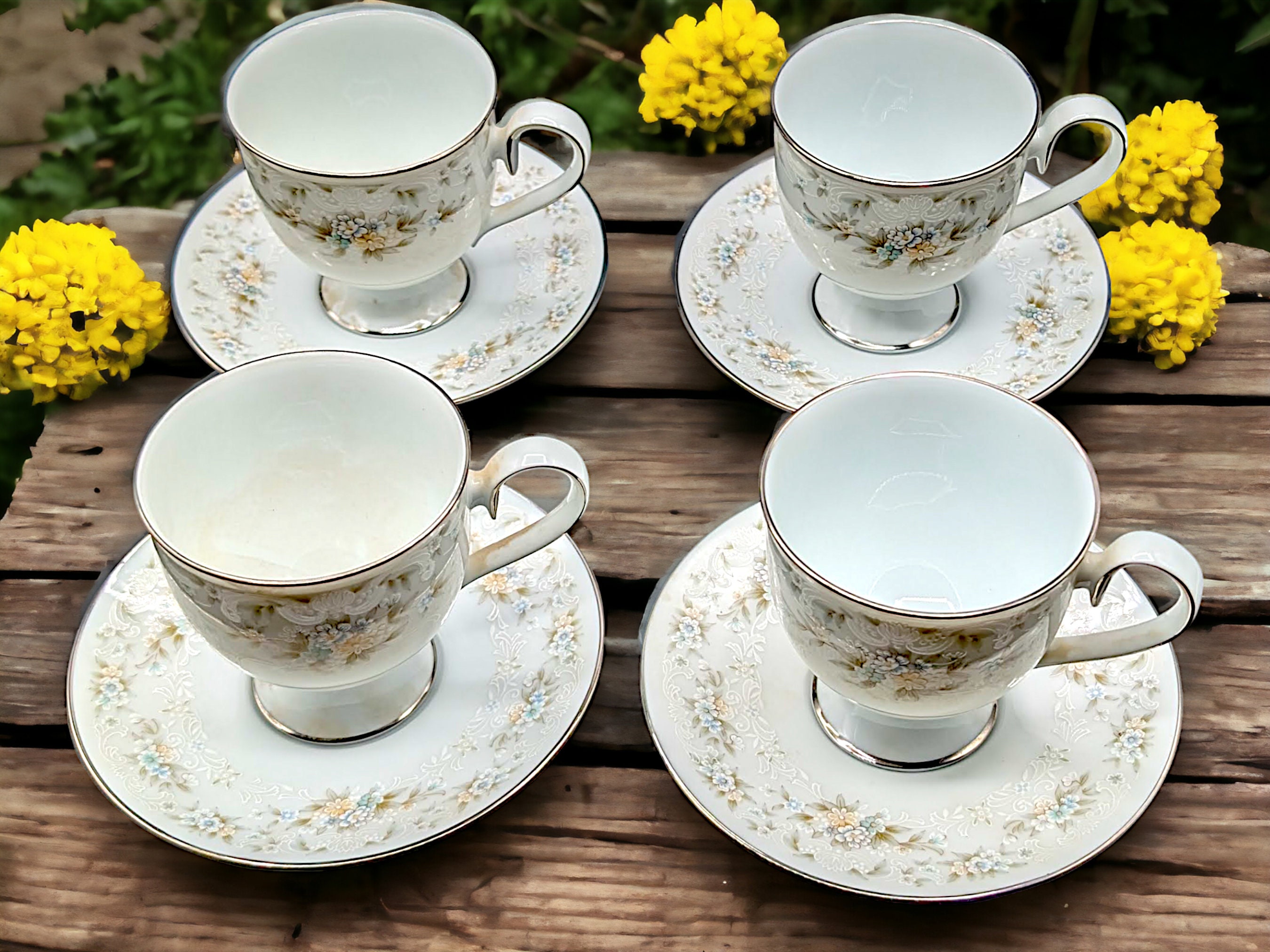 Set of 4 Rare Noritake Ireland Patience Teacups and Saucers Bone China Blue, Tan Flowers, White Scrolls Crafted in Ireland 1980s