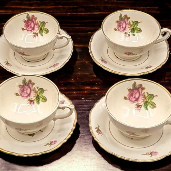 Set of 4 Victoria Federal Shape Syracuse China Footed Tea  Cups and Saucers Ivory Color, Gold Trim, Pink Roses Circa 1950s