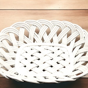 Vintage Large White Handcrafted Ceramic Open Lattice Weave Breadbasket or Fruit Basket 13 x 11 x 3 1/2 Inches
